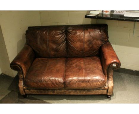 Tan Brown Leather Two Seater Sofa, 150cms long x 100cms deep x 83cms high