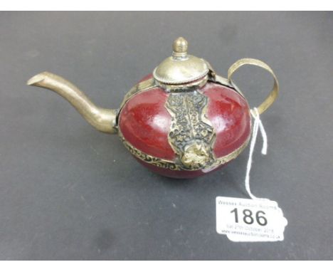 Asian ceramic Teapot with silvered metal mounts and Spout