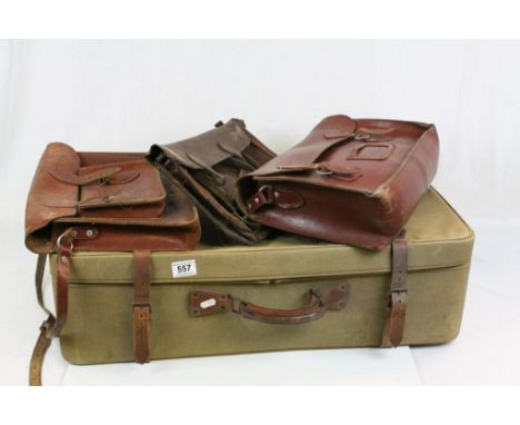 Vintage Leather Suitcase, Canvas and Leather Suitcase and another Suitcase together with Three Vintage Leather Satchels