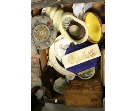 Box of mixed ceramics &amp; other collectables to include Invalid feeding cup, Shorter ceramic planter, Oriental wooden Jewel