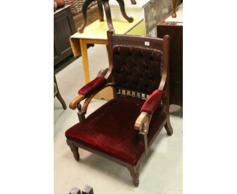 Late 19th / Early 20th century Armchair with Maroon Upholstered Button Back, Padded Arms and Seat