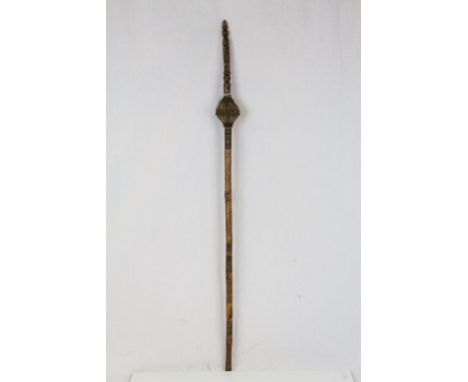 Ethnic Tribal Shaman's Rattle Stick, wooden carved shaft etched with animals