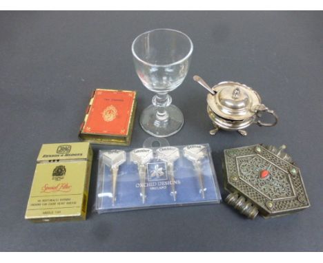 Mixed Lot comprising a Hallmarked Silver Mustard Pot with Blue Glass Liner and Mustard Spoon, Lighter in the form of a Benson
