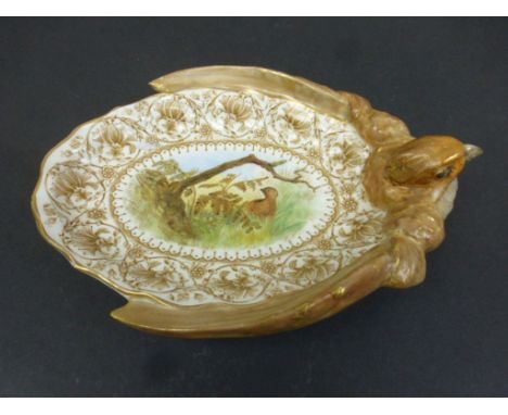 Royal Worcester hand painted dish, modelled as a Partridge to the edge, with image of Partridge to centre and RD number 14000
