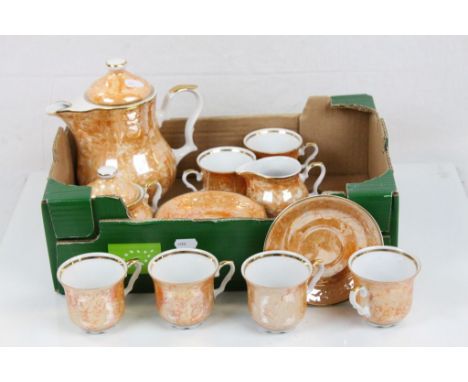 Polish Orange Lustre Glazed Coffee Set comprising Coffee Pot, Sugar, Milk, Six Cups and Saucers