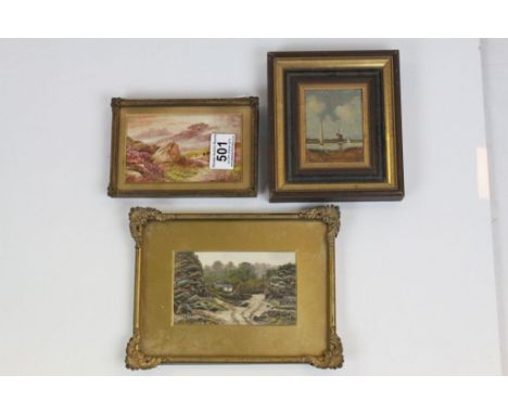 Oil on Panel Dutch View and Two Watercolour Miniatures, one the cattle (3)
