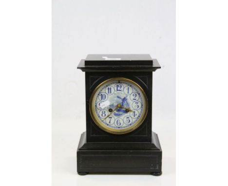 19th Century French Slate Mantle Clock by "Maple &amp; Co Paris with painted Enamel dial showing a Dutch Windmill scene