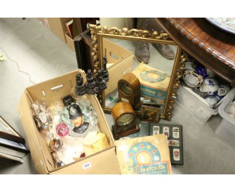 Box of mixed collectables to include Babycham glasses, Oriental figures, Mantle clock, Cigarette cards etc and a Mirror