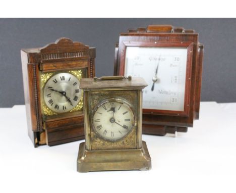 Art Deco Barometer, Oak German Clock and a Vintage Brass Carriage Clock