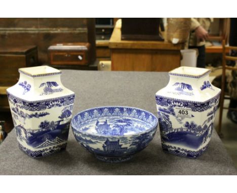 Pair of Rington's "Willow Story Vases" &amp; a vintage Cauldon blue &amp; white Bowl with Classical scene