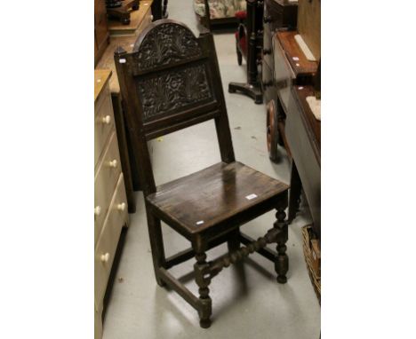 17th century / Later Oak Side Chair with Floral Carved Arched Back Rail and Panel, Solid Seat and raised on Turned and Square