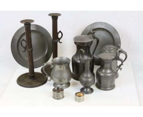 Collection of vintage Pewter to include Tankards plus a pair of vintage Brass candlesticks with pushers