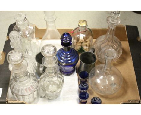 Tray of vintage Cut Glass &amp; other Decanters and two Pewter Mugs