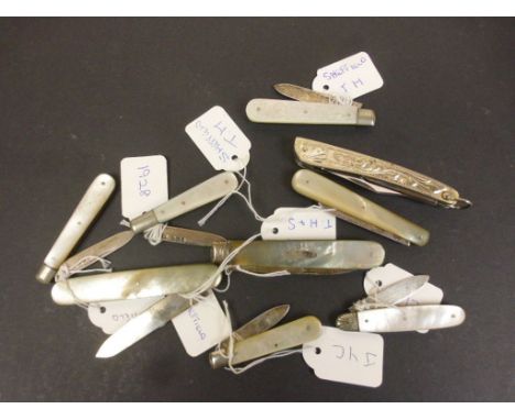 Eight vintage Hallmarked Silver &amp; Mother of Pearl Fruit Knives to include; Sheffield 1821, 1912, 1929 etc plus a multi to