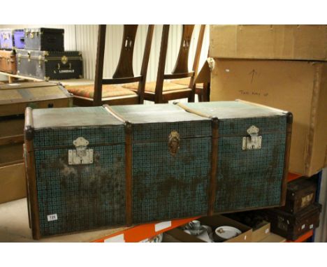 Large Vintage Wooden Bound Travelling Trunk with Checkered Tin Covering
