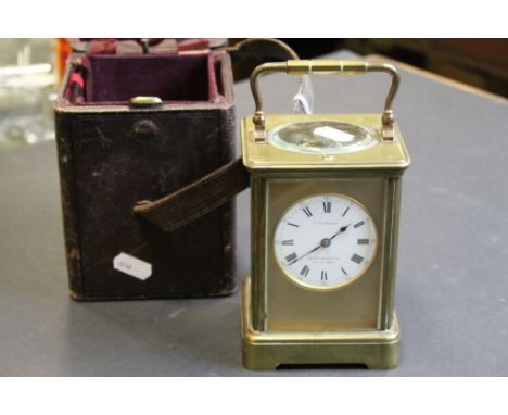 Leather cased J W Benson Striking Carriage clock with French movement &amp; key