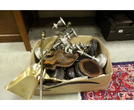 Collection of Items including Oriental Hardwood Stands, Carved Panel, Oak Carved Bellows, Two Brass Fire Irons, Silver Plated
