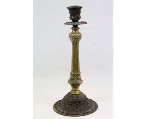 19th century Style Brass and Bronzed Corinthian Column Candlestick, 46cms highj