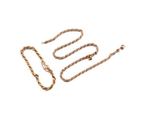 A two-toned twisted necklace and matching bracelet; The necklace consists of a 9ct gold rope chain twisted with a white gold 