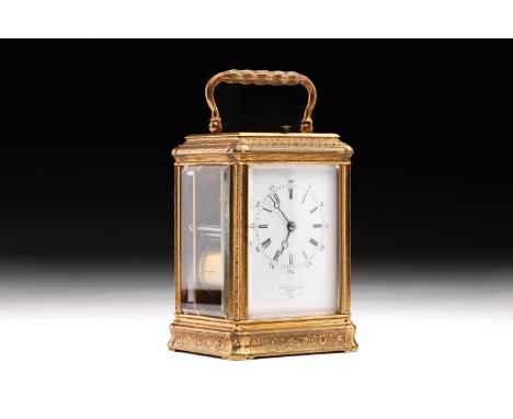 A Drocourt of Paris "Gorge" cased 8-day repeating carriage clock with engraved decoration throughout, the one-piece white ena