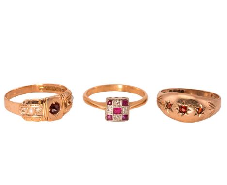 Three multi-gem rings; A Victorian seed pearl and garnet ring in 15ct gold (three pearls deficit), Chester 1882, size Q½; A t