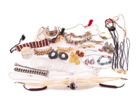 A quantity of costume jewellery, to include examples of an 18ct gold Victorian crescent and star brooch with seed pearls, con
