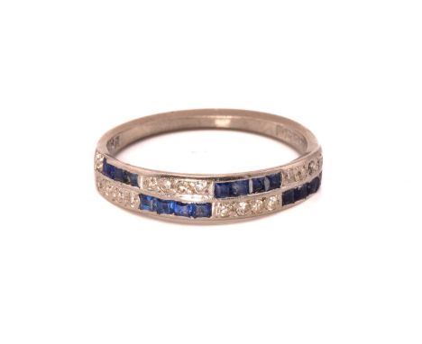 A sapphire and diamond chequerboard half hoop ring, single-cut diamonds and table-cut sapphires section alternatingly set in 