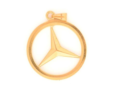 A Mercedes-Benz logo pendant, featuring the iconic three-point star in a ring, attached to a plain bail, Arabic hallmark '18'