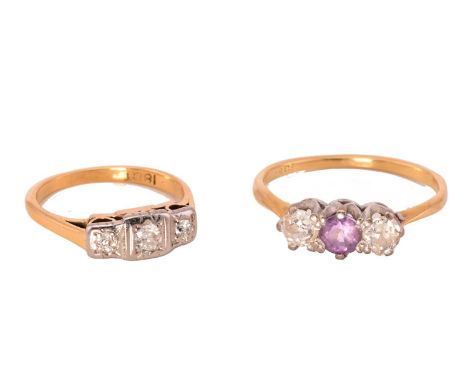 Two gem-set rings with diamonds and amethyst; the first consists of a three-stone diamond ring, star-set on panel mounts, to 