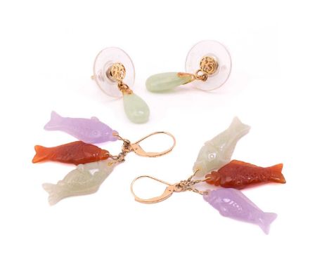 Two pairs of jadeite earrings; including a pair of tri-coloured jadeite earrings, treated-red jade, lavender jade and green j