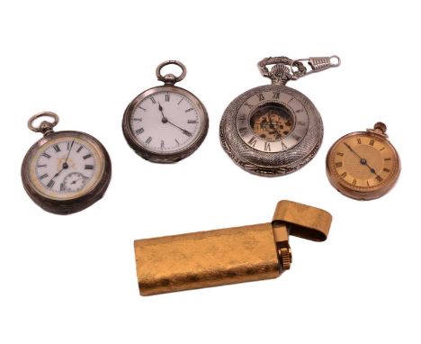 A Cartier lighter and four pocket watches, featuring a Cartier gold plated lighter with rounded edges and measuring 25x70mm w