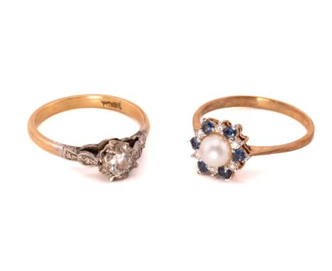 A 9ct gold multi-gem cluster ring and a diamond solitaire ring; The cluster ring features a white pearl with pink overtone se