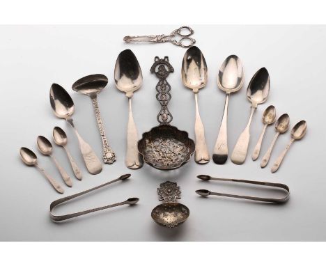 A quantity of mixed flatware, comprising a pair of American 19th century table spoons by N Harding, a serving spoon by Lowell