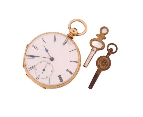 A J.W Benson open face key-wound pocket watch, with a yellow metal case stamped 'K18' and measuring 40mm wide with a white en