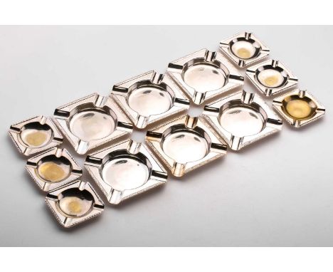 A set of six square silver ashtrays with cast Celtic bands, Birmingham 1953, 10.2cm by 10.2cm, together with a set of six sil