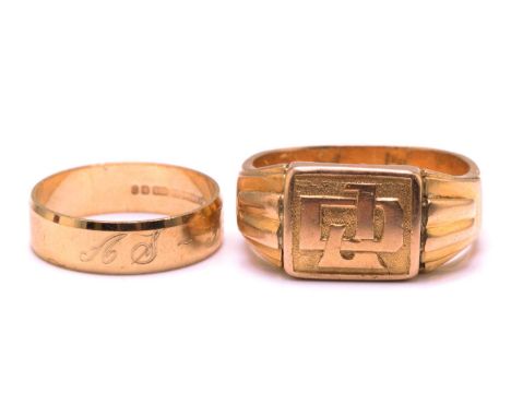 A 9ct gold wedding band and a signet ring; The ring band has bevelled edges, engraved 'AS~FD' on the exterior, London hallmar