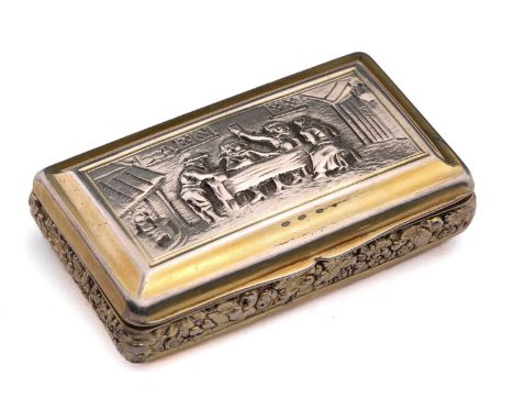 A George IIl snuff box; parcel gilt, rounded rectangular; the hinged cover with an interior tavern scene; the sides with cast