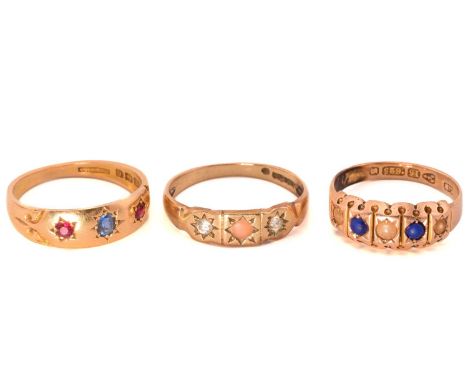 Three gem-set rings in yellow gold; A Victorian pearl and blue hardstone ring in 15ct gold, Chester 1881, size N; An Edwardia
