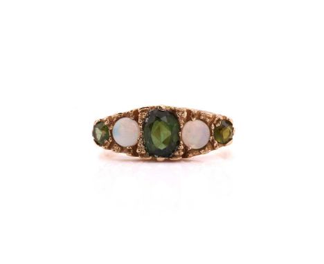 A tourmaline and opal dress ring, comprises a green oval-shaped mixed-cut tourmaline at the centre, approximately measures 6.