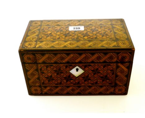 INLAID MARQUETRY TEA CADDY WITH MOTHER OF PEARL KEY HOLE 5” X 9.25” X 5”