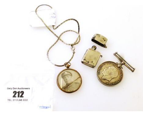 THE 1914-18 WAR MEDAL AWARDED TO 171597 SPR. T. SUMMERHILL R.E. GOLD PLATED PICTURE PENDANT ON NECKLACE AND A SMALL LIGHTER