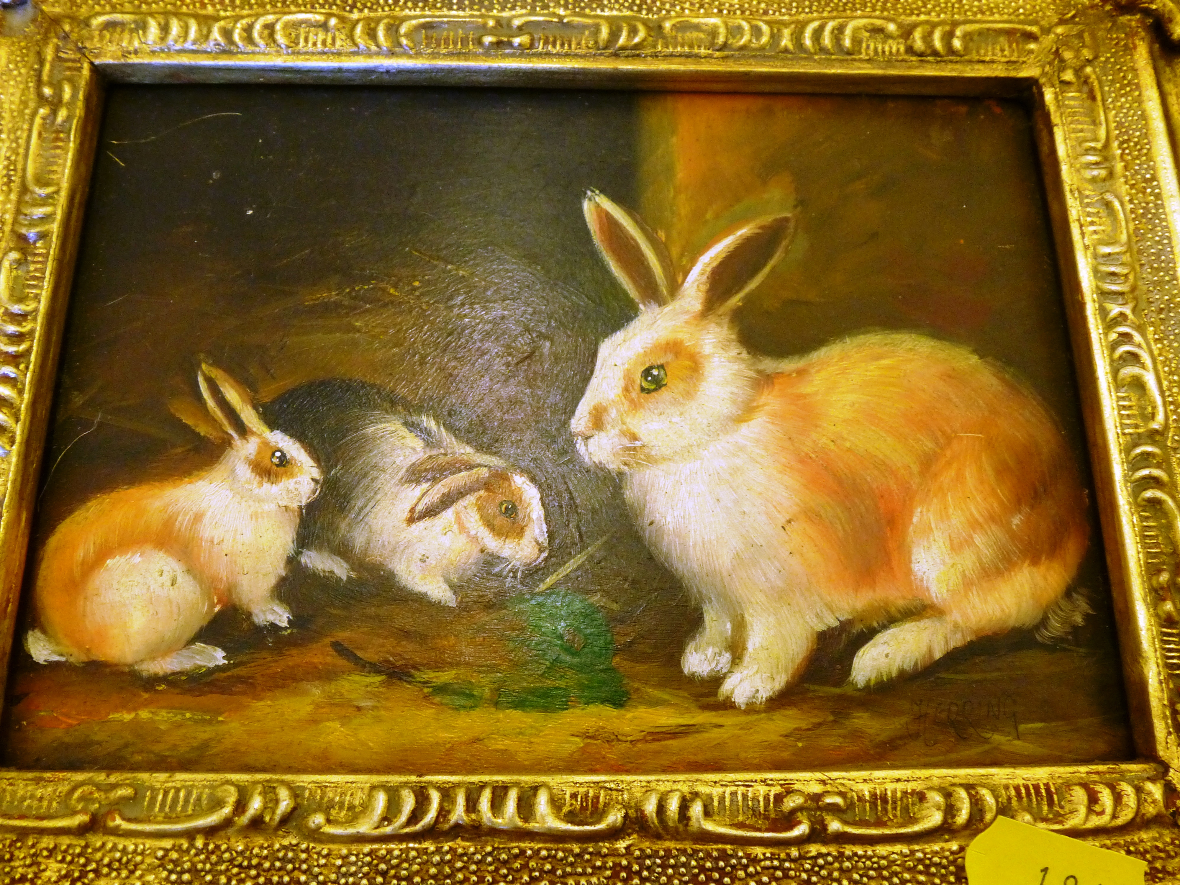 2 SIGNED PAINTINGS OF RABBITS IN GILT FRAMES 4.5” X 6.5”