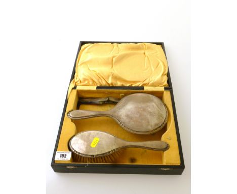 CASED SILVER BRUSH, MIRROR AND COMB SET (COMB DAMAGED)