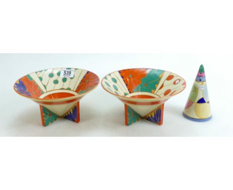 A Collection of later Clarice Cliff items to include: Royal Staffordshire Pottery Sugar Shifter and pair of Wedgwood footed b