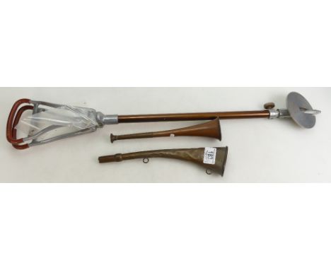 Mixed collection of items to include: Copper Hunting Horns and Gamebird branded shooting stick(3)