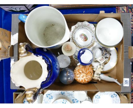 A mixed collection of items to include: Victorian blue and white urn, large Wilkinson Ltd water pitcher, blue and white decor