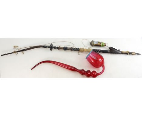 Victorian Nailsea Cranberry glass decorative pipe with writhen tapered stem with similar item.