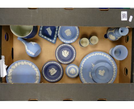  A collection of Wedgwood Jasperware item to include: ashtrays, Vases, christmas plate, lidded box together with 3 small Adam