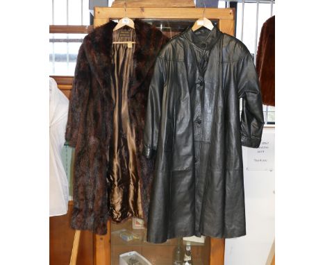 James Smith Branded Fur full length coat together with similar leather item (2):