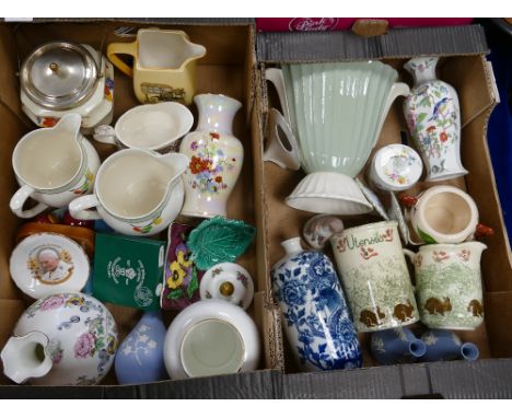 A mixed collection of items to include: Spode, Aynsley, Royal Doulton, Wedgwood vases, water jugs, trinket boxes etc. (2 tray